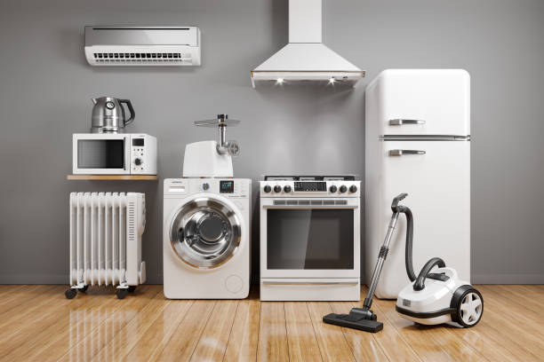 Set of home kitchen appliances in the room on the wall background. 3D render Set of home kitchen appliances in the room on the wall background. 3D render